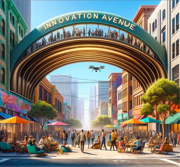 A rendering of Innovation Avenue: an arch over a downtown street lined with café tables, umbrellas and a crowd